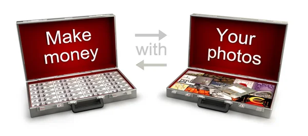 Dos cajas con dinero y fotos. Intercambio. 3d rendir (ganar dinero con su —  Fotos de Stock