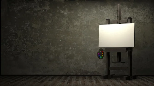 Пустой белый холст для художника на деревянном мольберте в темной комнате 3d — стоковое фото