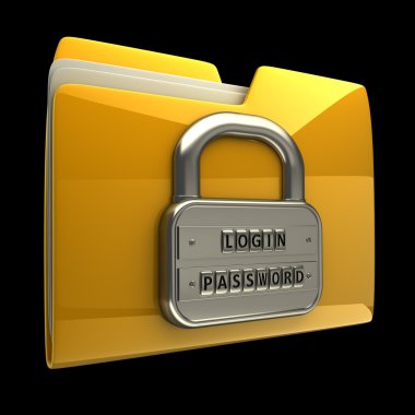 3d illustration of folder icon with security password isolated on black background High resolution 3D clipart