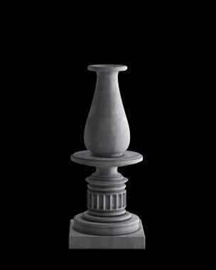 Dekoratif taş vazo siyah arka plan üzerine izole bir podyum üzerinde. yüksek çözünürlükte 3d görüntü