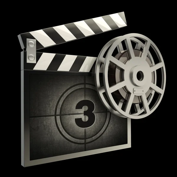 Filme e clap board filmes símbolo closeup isolado em preto. Alta resolução. Imagem 3D — Fotografia de Stock