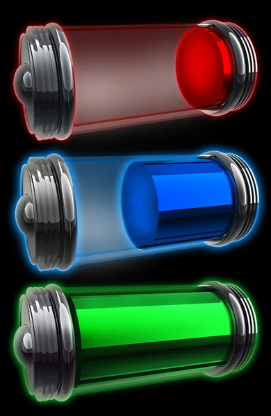 Three transparent batteries standing upright on a black reflective surface with each showing a different power level 3d — Stock Photo, Image