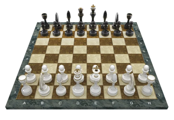 Composición con ajedrecistas en tablero de ajedrez brillante 3d render — Foto de Stock