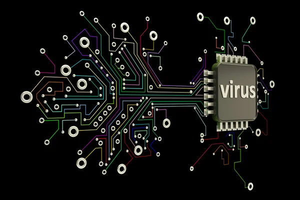 Printplaat virus. 3D-digitaal gegenereerde afbeelding met hoge resolutie. — Stockfoto