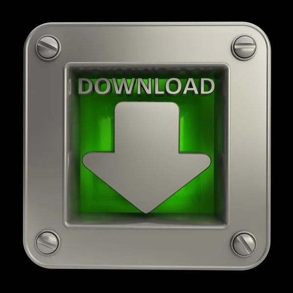 Ícone de botão 3D com símbolo de download isolado no fundo preto Alta resolução — Fotografia de Stock