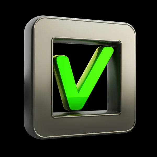Ícone de botão 3D com símbolo Tick isolado no fundo preto Alta resolução — Fotografia de Stock