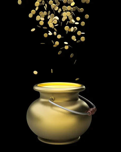 Gyllene krukan full av guldmynt 3d render — Stockfoto