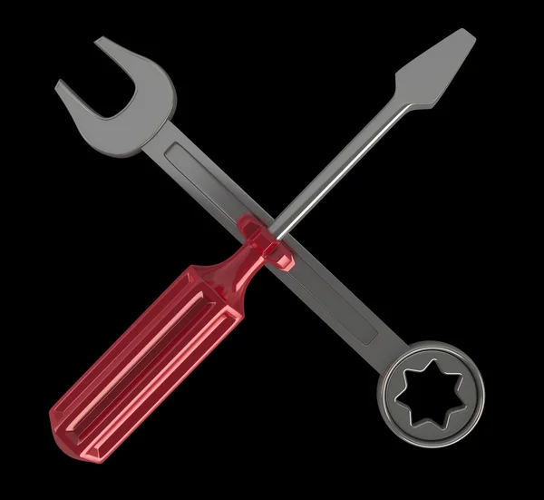 Chave de fenda e chave ícone isolado em preto de alta resolução 3D — Fotografia de Stock