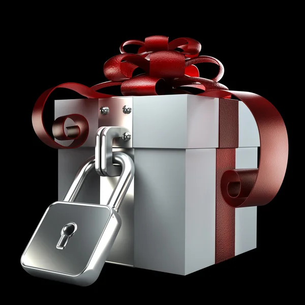 Caja regalo con cerradura aislada sobre fondo negro Alta resolución. Imagen 3D — Foto de Stock