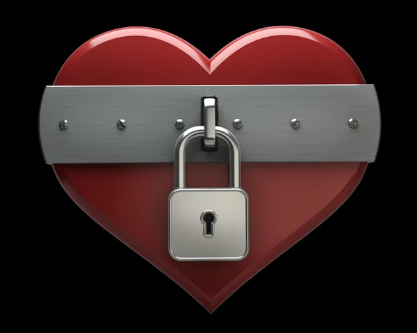 Heart is closed to lock isolated on black background High resolution. 3D image — Stock Photo, Image