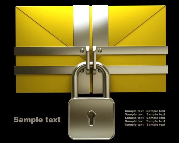 邮件黄色和黑色的背景上的锁。孤立的高分辨率。3d 图像 — 图库照片