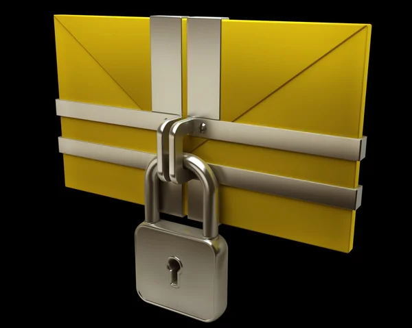 Yellow mail and lock on black background. Isolated High resolution. 3D image — Stock Photo, Image