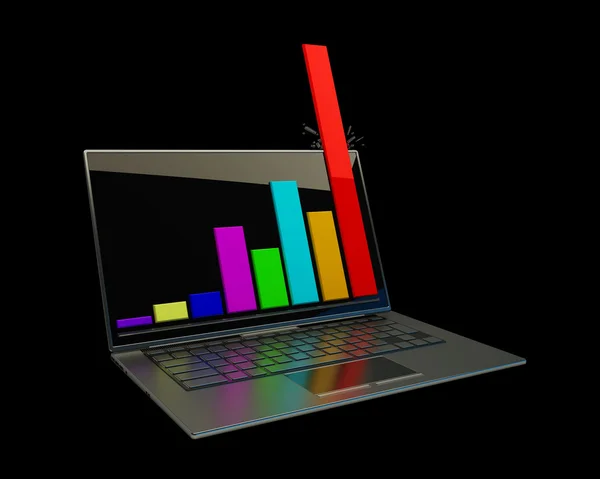 Laptop showing a spreadsheet isolated on black background 3d — Stock Photo, Image