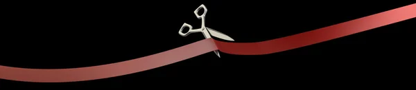 Ножиці вирізають червону стрічку крупним планом. ізольовані на чорному тлі Висока роздільна здатність 3D-зображення — стокове фото