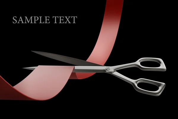 Las tijeras cortan la cinta roja de cerca. aislado sobre fondo negro Imagen 3D de alta resolución — Foto de Stock