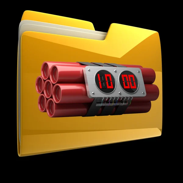 Carpeta amarilla con reloj despertador Explosivos aislado sobre fondo negro Alta resolución 3D — Foto de Stock