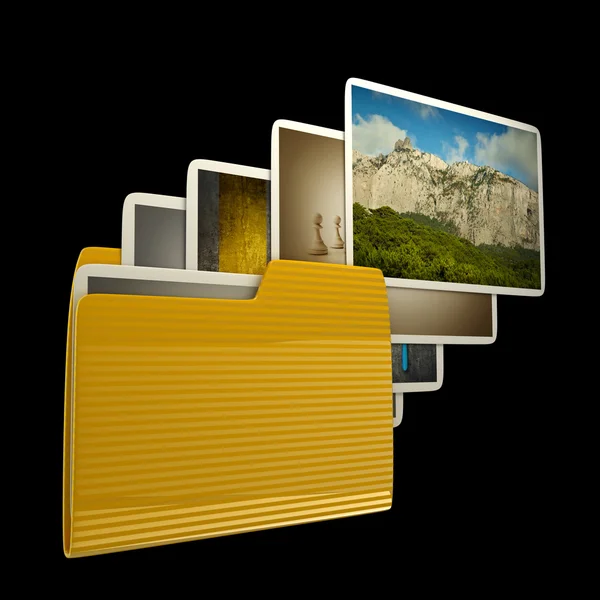 Загрузка фотографий из папки. изоляция на черном фоне 3D высокого разрешения — стоковое фото