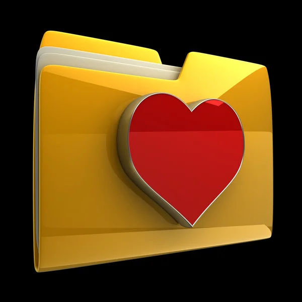 Cartella gialla con cuore rosso isolato su sfondo nero Alta risoluzione 3D — Foto Stock