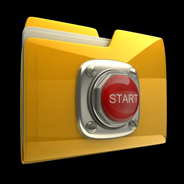 Carpeta amarilla con botón rojo START aislado sobre fondo negro 3D de alta resolución — Foto de Stock