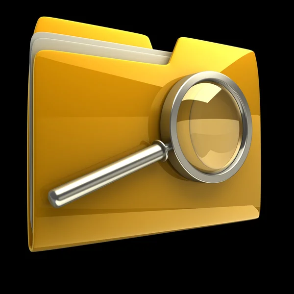 Folder and file search with magnifying glass. 3D icon isolated on black background — Stock Photo, Image