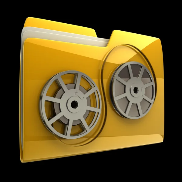 黄色文件夹电影院电影卷图标被隔绝在黑色背景高分辨率 3d — 图库照片