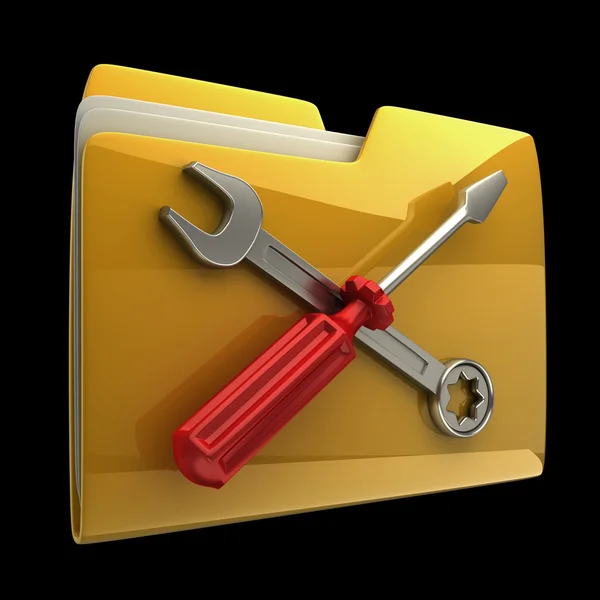 Yellow folder Screwdriver and Wrench icon isolated on black background High resolution 3D — Stock Photo, Image