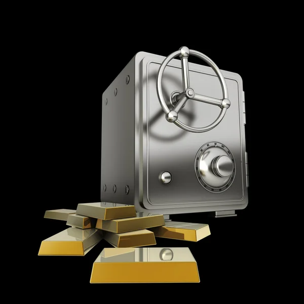 Cassaforte con oro isolato su sfondo nero Alta risoluzione 3D — Foto Stock