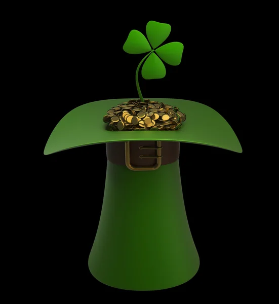Hat with gold and clovers isolated on black background 3d illustration. high resolution — Stock Photo, Image