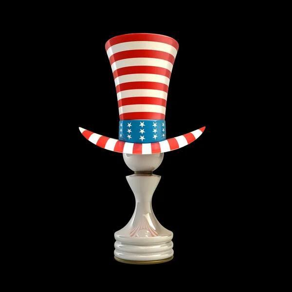 Pedone bianco in un cappello TOP di USA isolato su sfondo nero 3D ad alta risoluzione — Foto Stock