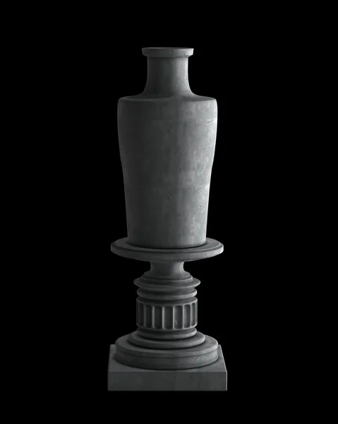 Jarrón decorativo de piedra sobre un podio aislado sobre fondo negro. Imagen 3D de alta resolución — Foto de Stock