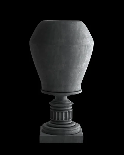 Vaso de pedra decorativa em um pódio isolado em fundo preto. Imagem 3D de alta resolução — Fotografia de Stock