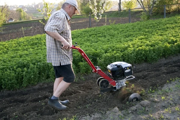 Stock image The farmer with a motor-cultivator