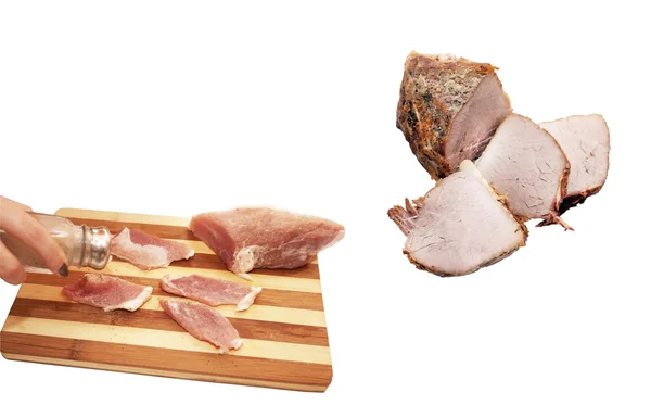 Proces cięcia mięsa wieprzowego na pokładzie — Zdjęcie stockowe