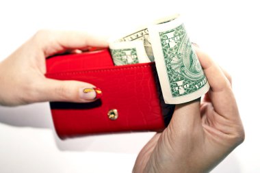 Red purse in hands with dollar clipart