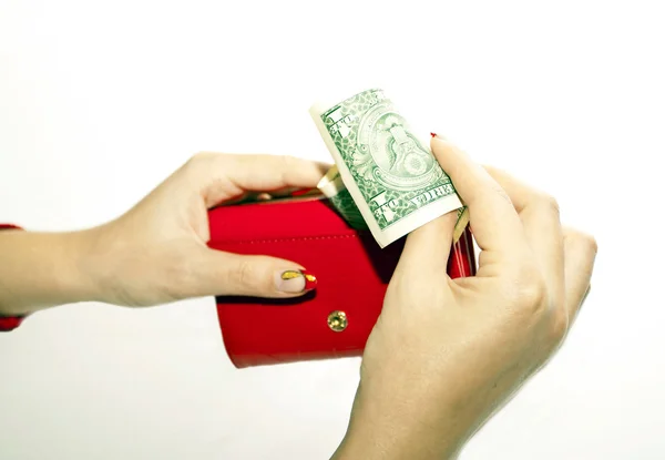 ドルで手に赤い財布 — ストック写真