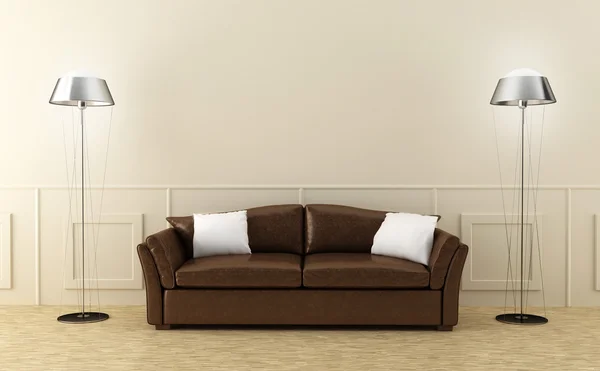 Καφέ δερμάτινο καναπέ στο φωτεινό δωμάτιο — Φωτογραφία Αρχείου
