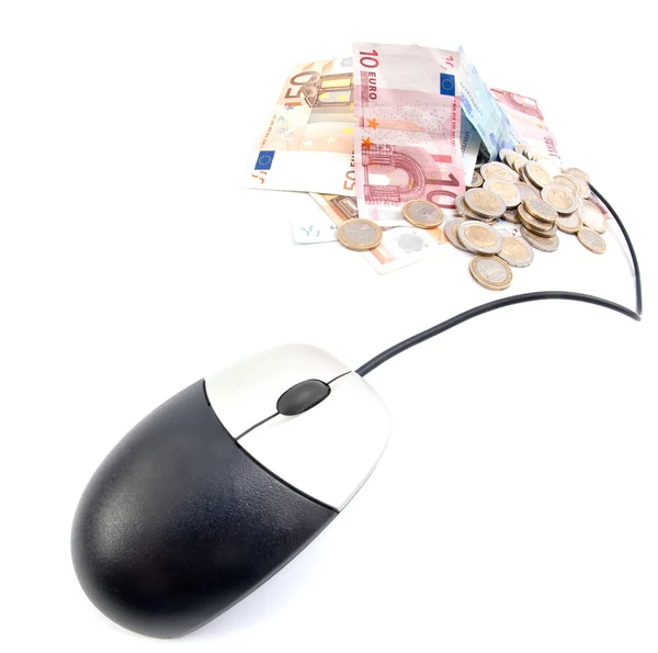 Počítačová myš připojena k vydělávání peněz on-line pojetí peněz- — Stock fotografie