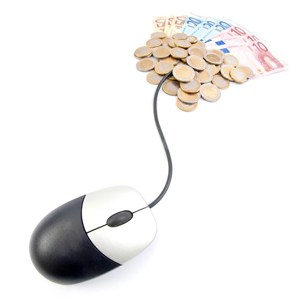 Компьютерная мышь, подключенная к деньгам - делать деньги онлайн концепция — стоковое фото