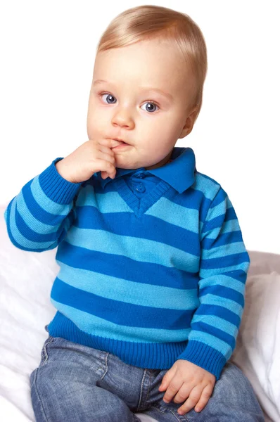 Édes baba fiú kék kardigán — Stock Fotó