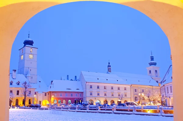 Inverno no centro da cidade velha Sibiu — Fotografia de Stock