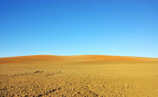 Gepflügtes Feld Hintergrund und blauer Himmel — Stockfoto