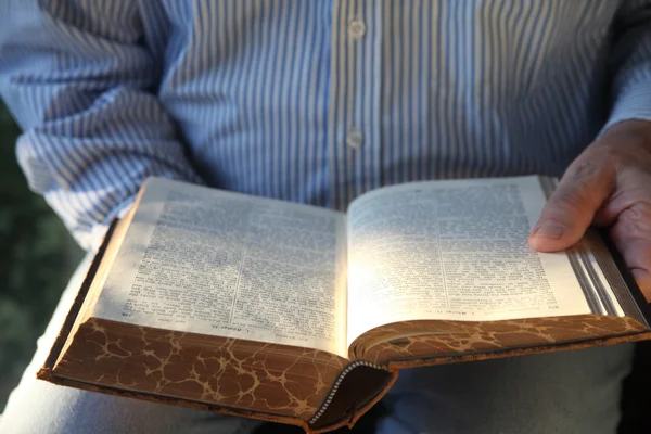 Seorang pria membaca Alkitab Jerman kuno di bawah sinar matahari — Stok Foto