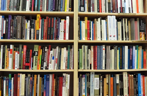 Librería en biblioteca con muchos libros — Foto de Stock