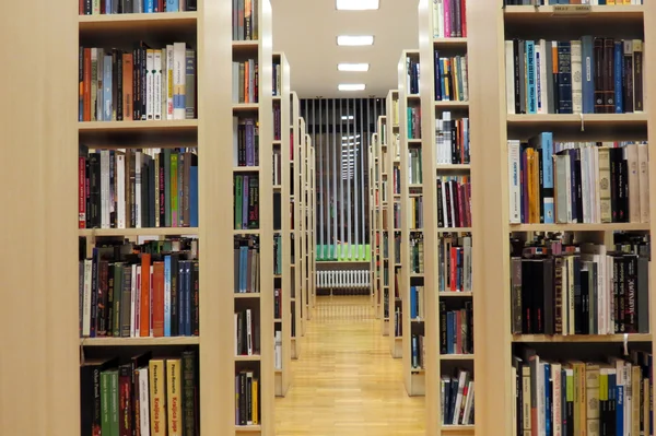 Librería en biblioteca con muchos libros —  Fotos de Stock