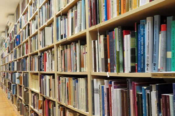Könyvespolc a könyvtárban sok könyvet — Stock Fotó