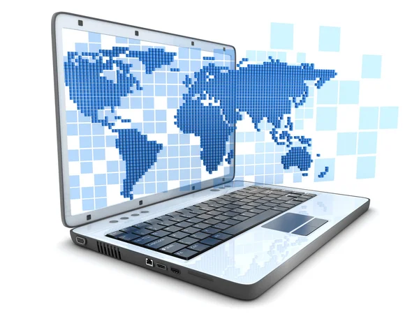 Laptop och blå karta kub — Stockfoto