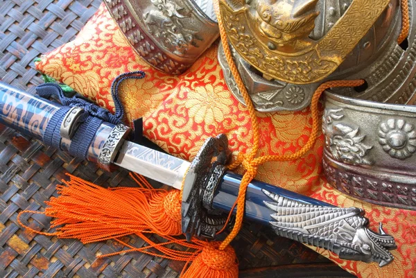 Samurai helmet and sword — Stock Photo, Image