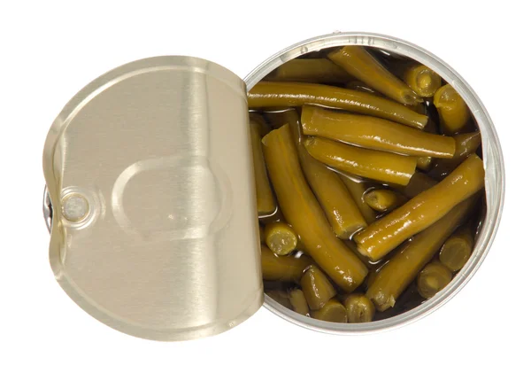 Open tin with green beans — Stock Photo, Image