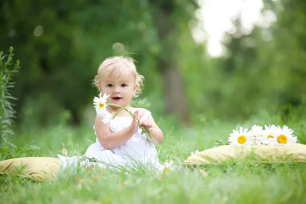 Bambino seduto sull'erba verde Fotografia Stock