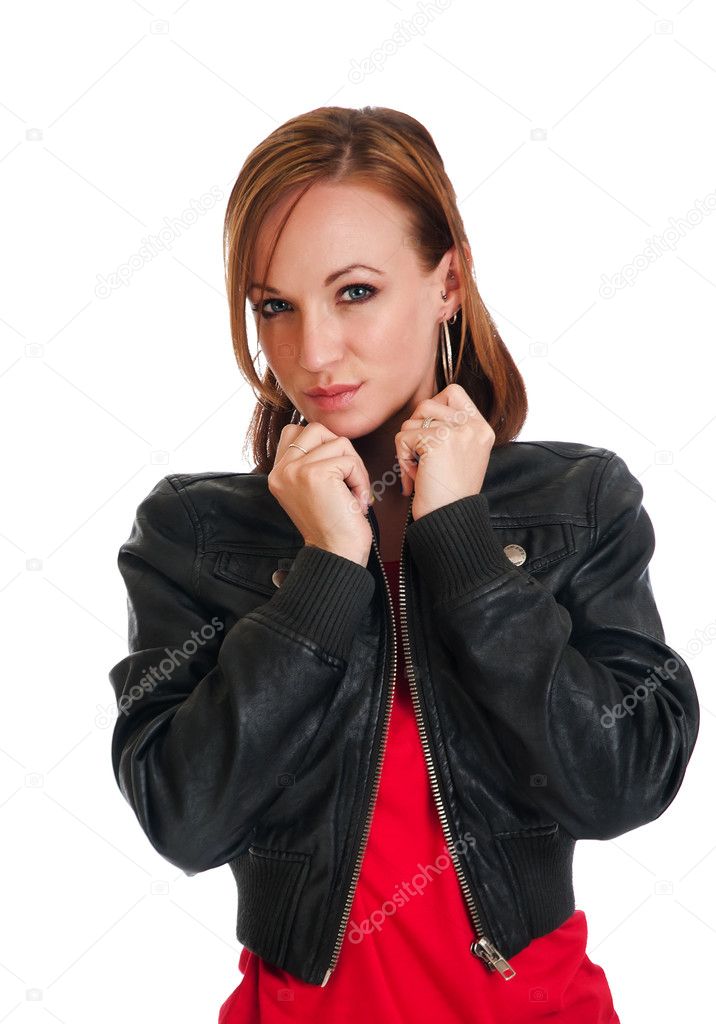 Mujer bastante joven en chaqueta de cuero: fotografía de stock © rcarner  #8958462 | Depositphotos
